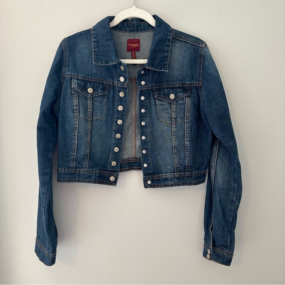 Highway Jeans (Large) Button Front Cropped Dark Wash Denim Jacket